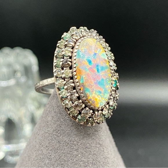 Vintage Martelli Sterling Art Deco Rhinestone and Opal? Ring Size 6 - Picture 2 of 14